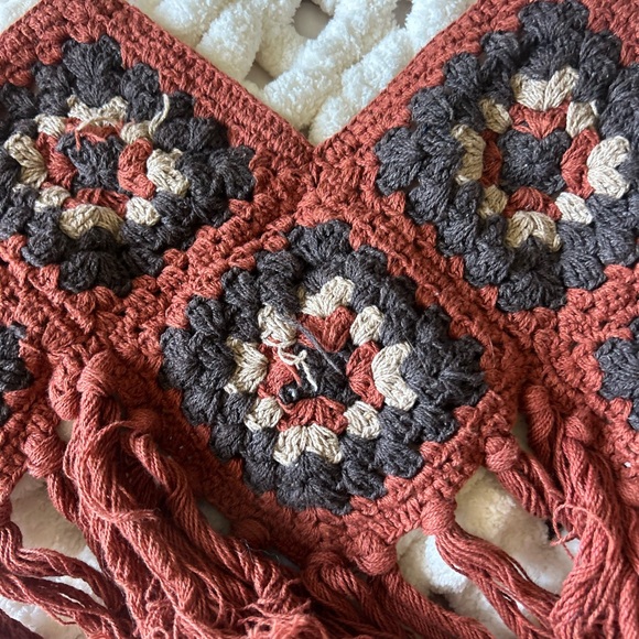 Hippie California Crochet Bohemian Rust/Sage/Cream Crop Tie Top S - Picture 3 of 9